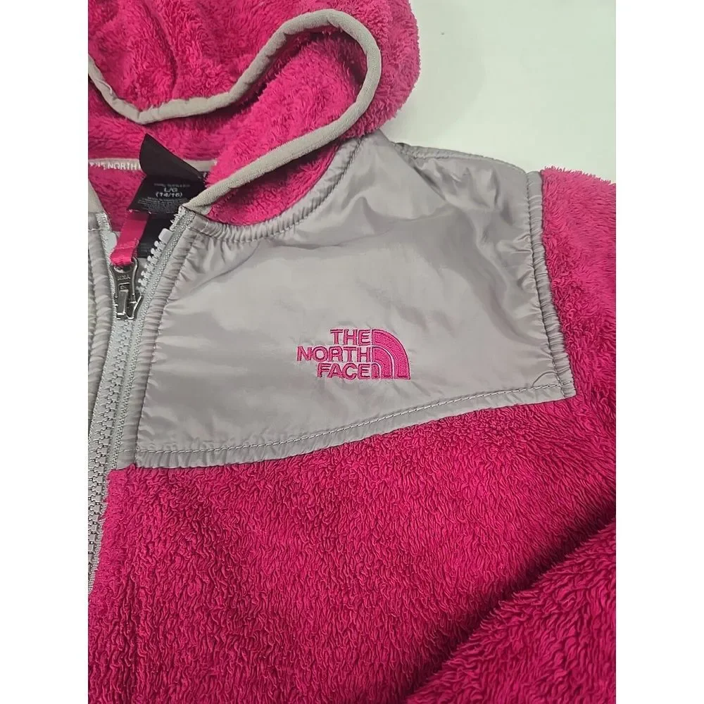 The North Face Kids Girls Large 14/16 Jacket Pink Gray Oso Fleece Hood Zip Front